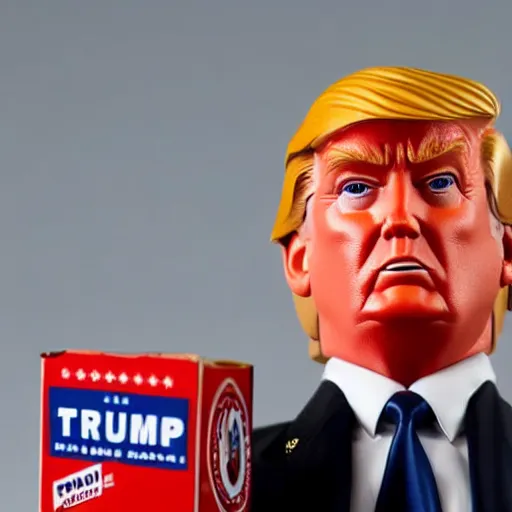 Image similar to close up of donald trump 8 0 s plastic action figure in its original box, dslr photo