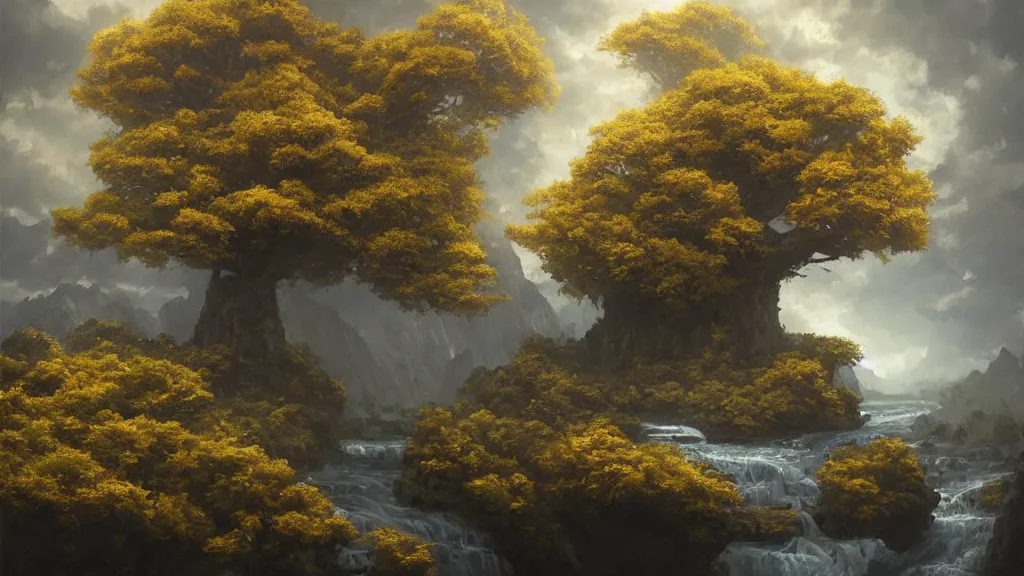 Image similar to A beautiful, highly detailed, very realistic oil painting of a single cloud tree with lots of cloud shaped leaves, next to a small river made of pure gold in the middle of a huge, very dark cave, with lots of dark grey rocks, oil painting by Greg Rutkowski.