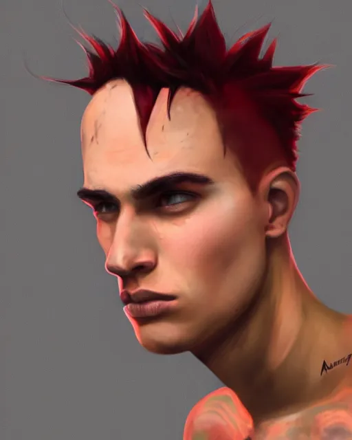 Image similar to young man with a short red mohawk, slim face, piercings, dressed in crustpunk clothing, headshot, attractive, handsome, model, trending on artstation, high quality art, character design, realism art, award winning art, clean face, by aaron griffin, in color, no makeup, no tattoos, no facial hair