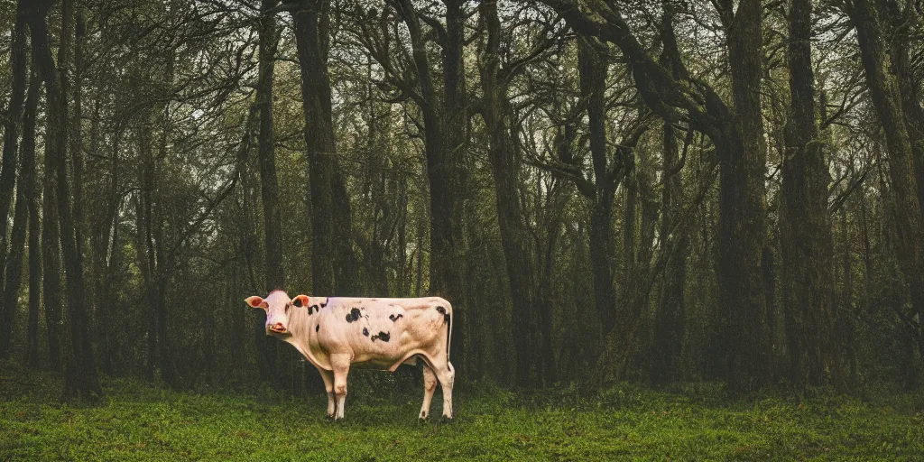 Prompt: photo of a cow standing on 2 legs hiding behind a tree in a dark gloomy forest