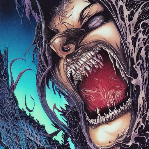 Prompt: closeup of face melting, vampire, catelvania, by yoichi hatakenaka, masamune shirow, josan gonzales and dan mumford, ayami kojima, takato yamamoto, barclay shaw, karol bak