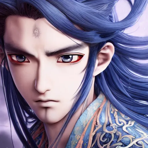 Image similar to an immortal xianxia cultivator with long blue hair as an absurdly handsome, elegant, young anime man, ultrafine hyperrealistic detailed face illustration by kim jung gi, irakli nadar, intricate linework, sharp focus, bright colors, matte, gujian, final fantasy, unreal engine highly rendered, global illumination, radiant light, intricate environment