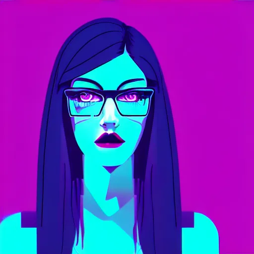 Prompt: simple illustration of an attractive young woman, dark hair, blue eyes, thick glasses, symmetrical, vector art, blade runner style, cyberpunk, neon lighting, teal, purple, pink