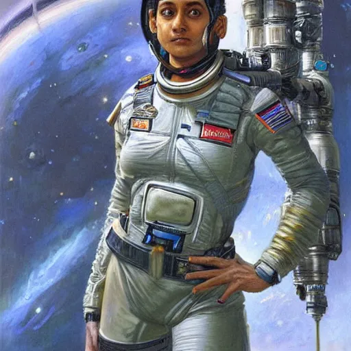 Prompt: a female space cadet from india, resting after a hard mission, happily tired, sci fi character portrait by Donato Giancola