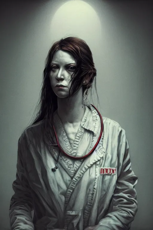 Image similar to grunge portrait of a creepy nurse girl wearing a straight jacket in a mental asylum, intricate artwork, nightmare fuel, terrifying, by beeple, zdzisław Beksiński, dan mumford , trending on artstation, greg rutkowski very coherent artwork. cinematic, hyper realism, high detail, octane render, 8k