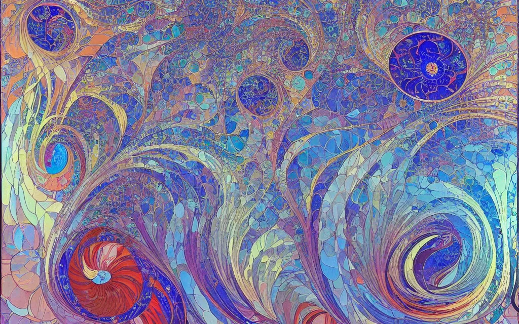 Prompt: an oil painting. wave, particle, synth, frequencies, pattern, oscillation. wave-particle duality. colorful, vibrant. fractal gems, fractal crystals, by alphonse mucha, by jean giraud and by james jean