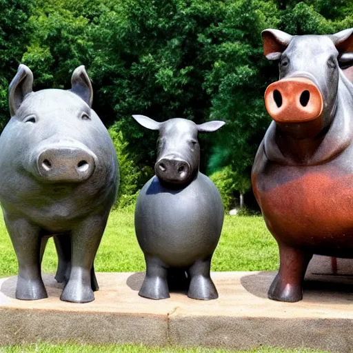 Image similar to statue of a pig, a cow, a horse and a chicken