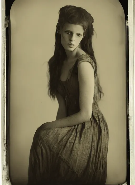 Image similar to portrait of a young irish women, photo realistic, elegant, award winning photograph, parallax, cinematic lighting, ambrotype wet plate collodion by richard avedon and shane balkowitsch