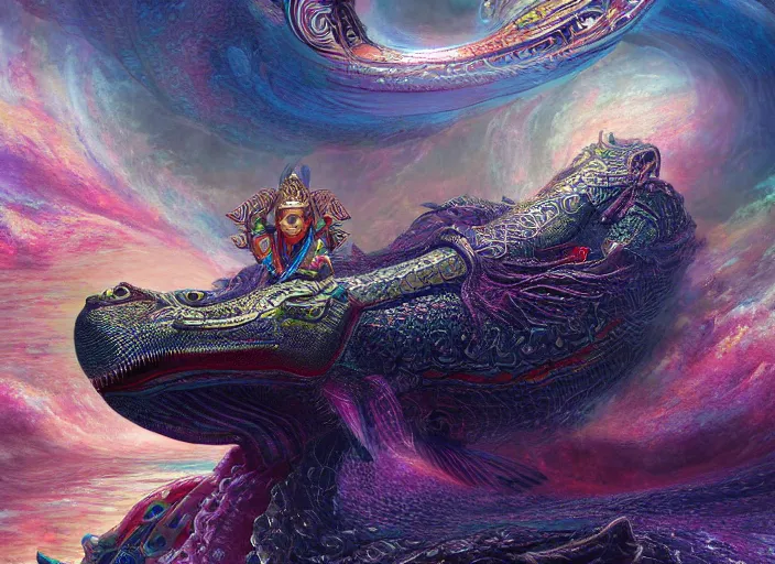 Prompt: vishnu sitting on adishesha the thousand headed universal serpent, floating across the cosmic ocean, digital art, octane render, highly detailed, intricate, by android jones and michael divine