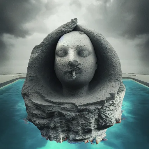 Prompt: minimalistic, hyperrealistic surrealism, award winning masterpiece with incredible details, epic stunning, infinity pool, a surreal vaporwave liminal space, highly detailed, trending on ArtStation, artgerm, wlop, Andrei Riabovitchev, Marc Simonetti, yoshitaka Amano, daily deviation, IAMAG, broken giant marble head statue ruins