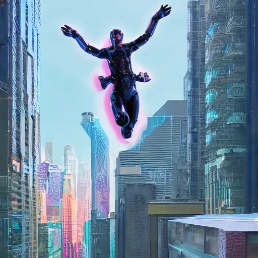 Image similar to funny futuristic colorful Super hero floating in big city , stunning photo real concept art, cinematic, clean, realistic, from algorithmic design by Steve Skroce and Moebius, for James Cameron and Weta workshop, 3d sculpt, 3d high poly render with octane, realistic textures, subtle depth of field, Zeiss lenses, 8k post-processing, manicured, Fuji LUT, smooth, ultradetailed