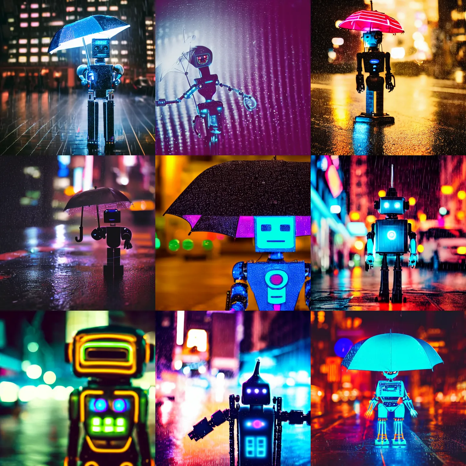 Prompt: close up of a robot holding an umbrella in a raining night in new york city neon lights moody 2 0 0 mm shot dark retrowave