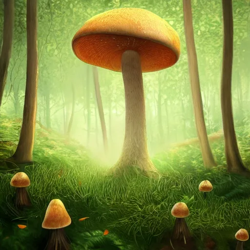 Image similar to A beautiful a picture of a single mushroom that grows on the ground with a forest with pines and birches, and a growing mycelium of the fungus is visible underground, Digital Art, Trending on artstation