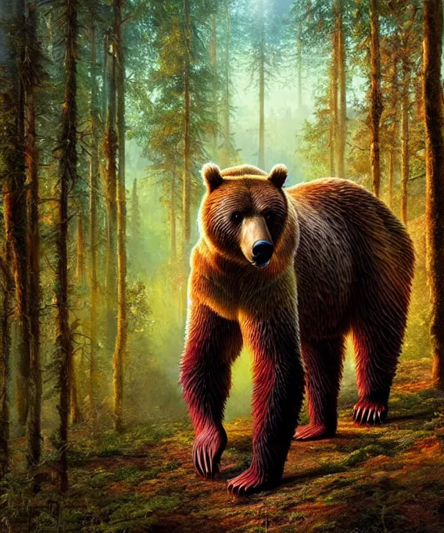 Image similar to a realistic brown bear, walking through a psychedelic forest, wide angle landscape shot, pixar style by tristan eaton, artgerm and tom bagshaw