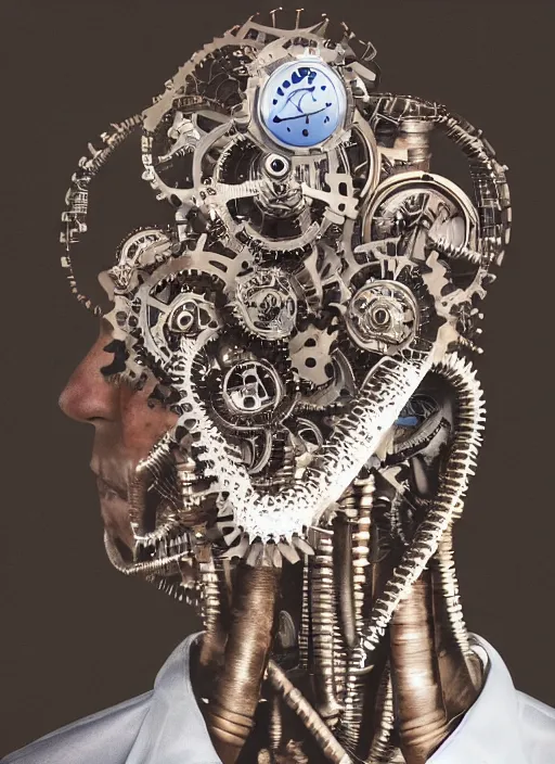 Prompt: portrait photography of desperate human connected to biomechanical machine, masterpiece