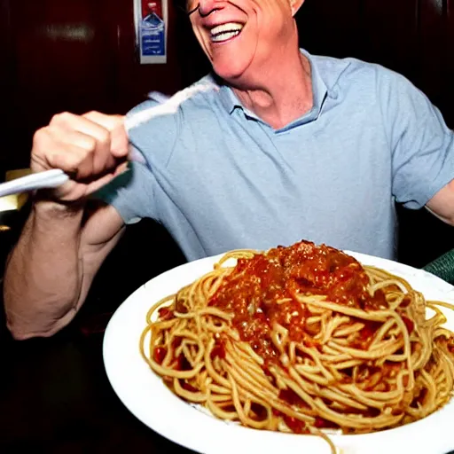 Prompt: stephen colbert punching a plate of spaghetti at olive garden