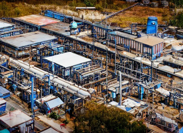 Prompt: Tilt shift photograph of a busy snake oil factory