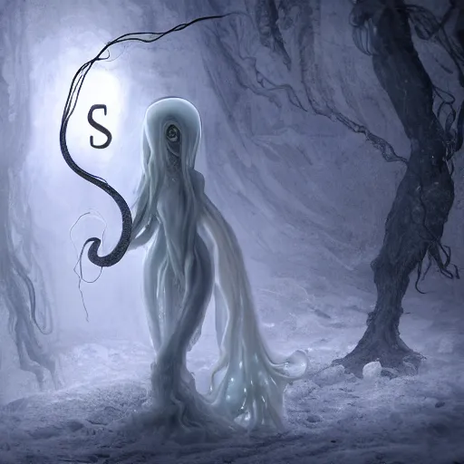 Prompt: an ethereal ghostly wraith like figure with a squid like parasite latched onto its head and long tentacle arms that flow lazily but gracefully at its sides like a cloak while it floats around a frozen rocky tundra in the snow searching for lost souls and that hides amongst the shadows in the trees, this character has hydrokinesis and electrokinesis for the resident evil village video game franchise with inspiration from the franchise Bloodborne as a muppet from sesame street, photo realistic, photography, sesame street, bloodborne, resident evil