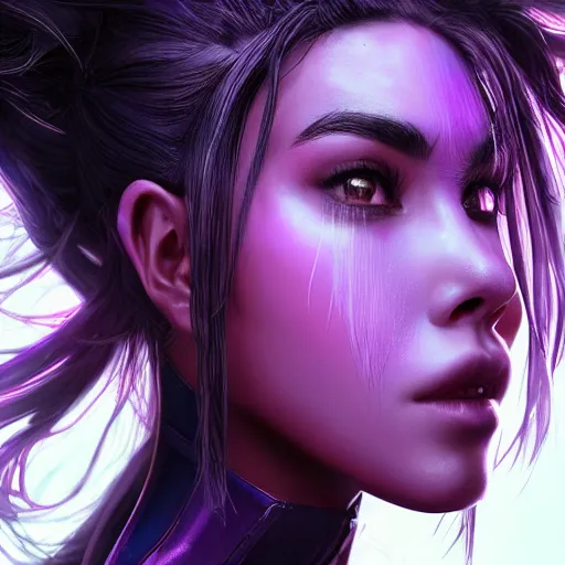 Image similar to close up portrait of a madison beer in smooth purple sci - fi armor, long black ponytail, elegant, intense, woman, an ultrafine hyperdetailed illustration by kim jung gi, irakli nadar, intricate linework, sharp focus, bright colors, octopath traveler, final fantasy, unreal engine 5, global illumination, radiant light