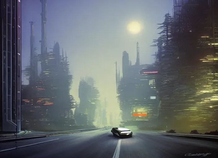 Image similar to a car driving down a street next to tall Forest-2 the night, cyberpunk art by Chesley Bonestell, cgsociety, retrofuturism, matte painting, reimagined by industrial light and magic