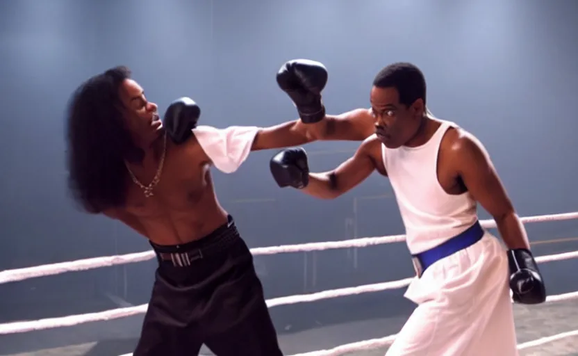 Prompt: movie still of prince of bell air punching chris rock in the face