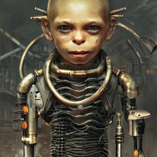 Image similar to closeup portrait of minimalist cyborg midget goblin with painful implants inside byzantine kowloon hoarder workshop filled with dieselpunk equipment, socialist realist composition by by greg rutkowski and h. r. giger and stalenhag and deak ferrand, studio ghibli composition