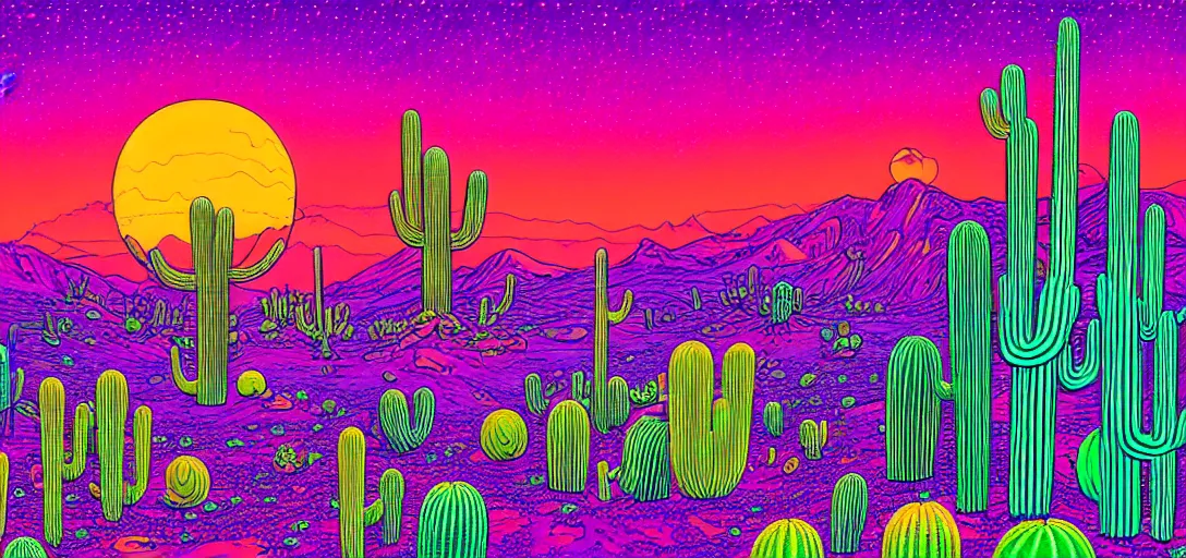 Prompt: A hand drawn digital still of mystical desert with strange ethereal creatures and cactus with a psychedelic night sky in the style of Alex Grey and Moebius, risograph, Artstation HD, 8k, Surrealistic digital artwork,