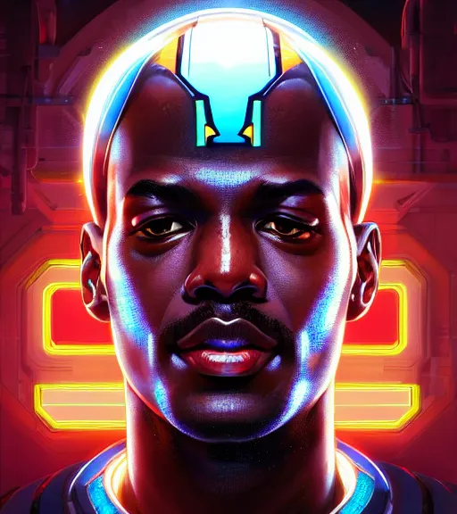 Image similar to symmetry portrait of michael jordan cyberborg ultra detailed, intricate, anime, dynamic lighting, digital art, digital painting, art station, wlop, sharp focus, illustration, art by artgerm and greg rutkowski and alphonse mucha