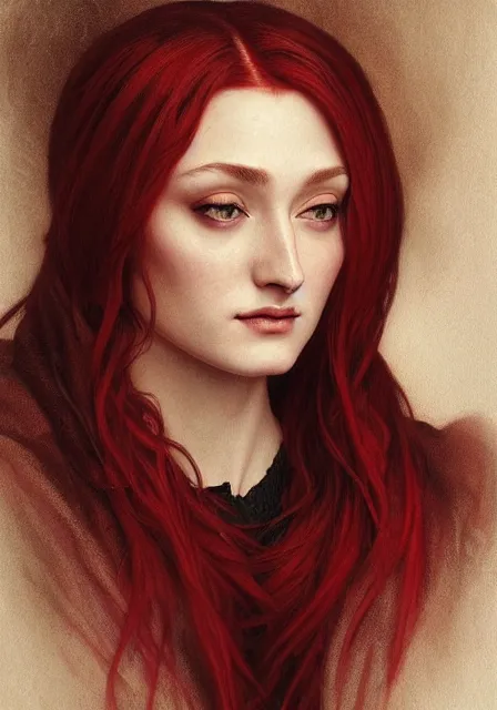 Image similar to portrait of sansa stark dark crimson poison sharp, intricate, elegant, highly detailed, digital painting, artstation, concept art, smooth, sharp focus, illustration, art by artgerm and greg rutkowski and alphonse mucha and william - adolphe bouguereau