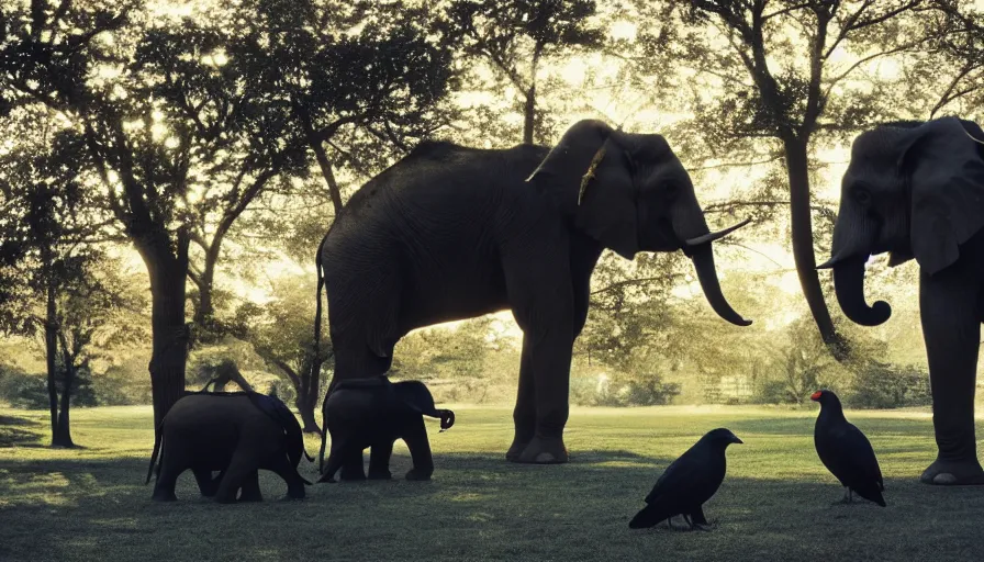 Prompt: 1990s candid photo of a beautiful day at the park, cinematic lighting, cinematic look, golden hour, large elephant sized crows wearing sunglasses, Enormous fruit, UHD