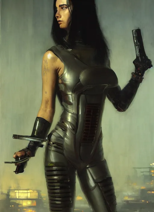 Prompt: katana. cyberpunk mercenary in a cyberpunk jumpsuit ( blade runner 2 0 4 9, cyberpunk 2 0 7 7 ). orientalist portrait by john william waterhouse and james gurney and theodore ralli and nasreddine dinet, oil on canvas. cinematic, hyper realism, realistic proportions, dramatic lighting, high detail 4 k