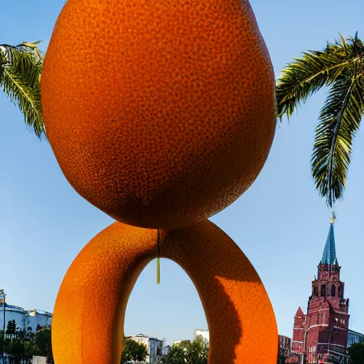 Image similar to symmetrical photo of giant mango sculpture on red square, super wide shot, bokeh, golden hour