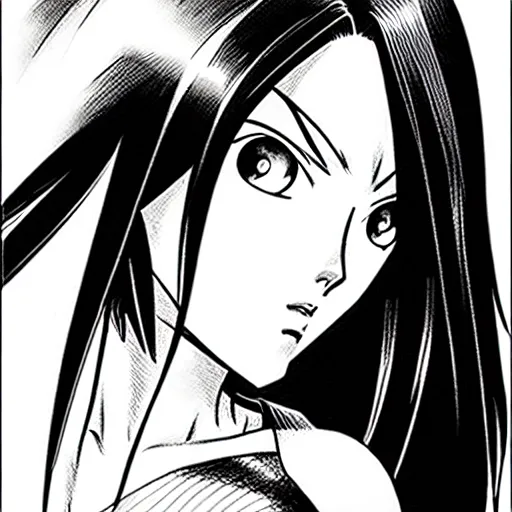 Image similar to alita by yukito kishiro. medium shot. black and white manga. pencil drawing. high detailed face