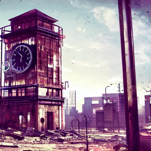 Image similar to a clock tower in an abandoned apocalyptic city, cyberpunk aesthetic