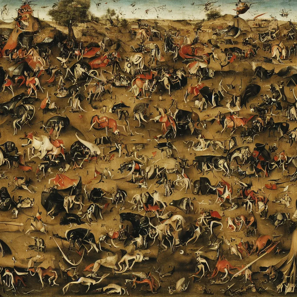 Prompt: xv century painting, boston dynamics robots fighting with giant insects, epic battlescene, 4 k, detailed, art by hieronymus bosch