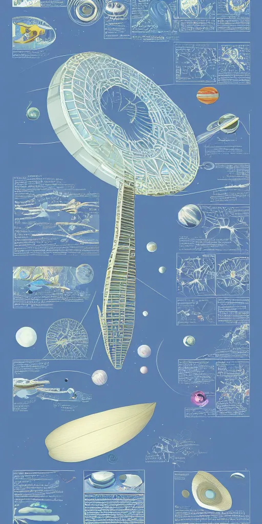 Prompt: Detailed Infographic by Moebius of a giant beautiful diatom hanging inside a space station, space station, space station