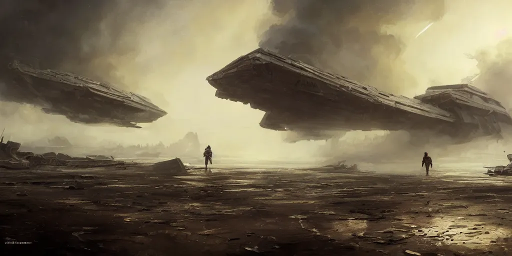 Prompt: a painting of a cinematic keyframe of a storm trooper walking into a destroyed star destroyer starship, with fire and smoke by greg rutkowski, rule of thirds, golden ratio, ambient lighting, wlop, artgerm, artstation, highly detailed masterpiece, dark fantasy art, high detail, trending on artstation