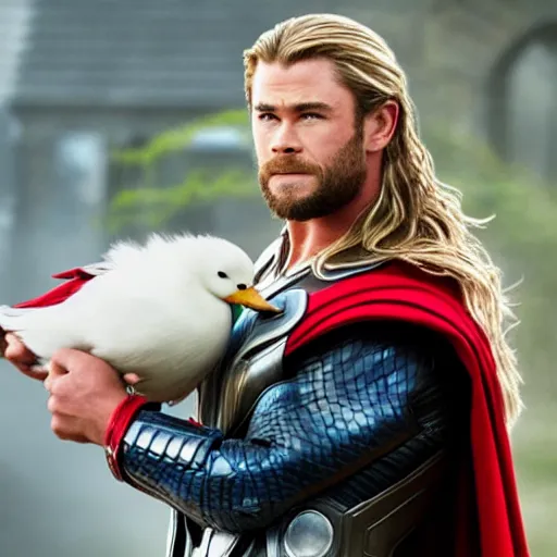 Prompt: chris hemsworth as thor holding a duck, highly detailed, realistic face, 4k, hd
