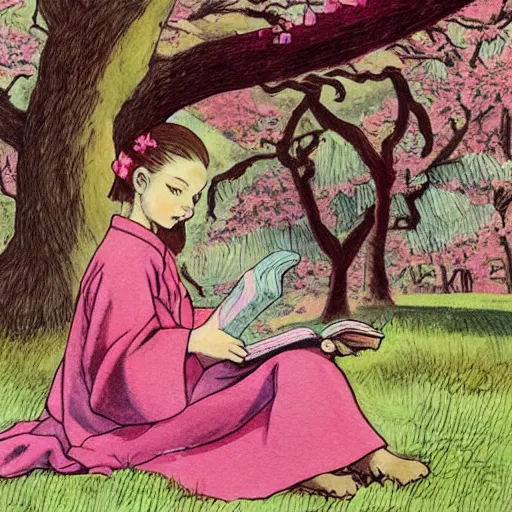 Image similar to little girl with long curly red hair dressed in a pink kimono and sitting next to a tree while reading a book, artwork made in western comic art style inspired in balthus and made in abyss, anatomically correct, higher details