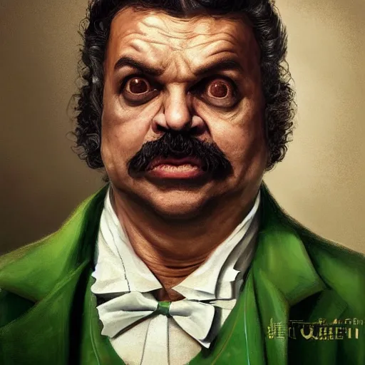 Image similar to hyper realistic, realistic - anime, portrait, beautifully rendered, italian garb the future, scifi, caricature, luis guzman as luigi wearing green, smirking deviously, luigi, luigi's nose, painted by gustave courbet, greg rutkowski, wlop, artgerm, dishonored 2,