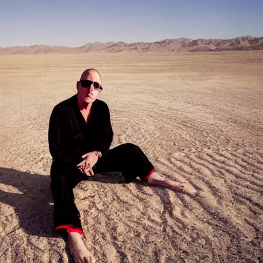 Prompt: photograph of maynard james keenan wearing pajamas in the desert