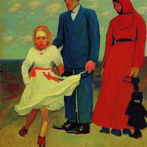 Image similar to haunting by konstantin yuon, by michael ancher. the street art features a group of monsters who live in a castle & have to deal with frankenstein's monster.