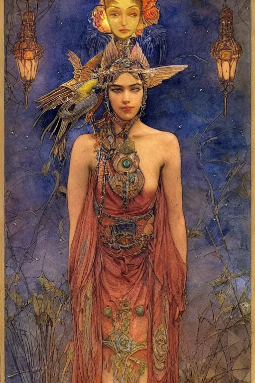 Image similar to queen of the dawn with her lantern and birds, by Luis Royo Annie Swynnerton and Nicholas Roerich Edmund Dulac, tattooed face, elaborate headdress and embroidered velvet, iridescent beetles, rich color, dramatic cinematic lighting, extremely detailed