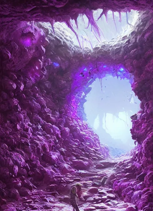 Prompt: beautiful hyper realistic zergling tunnel in cave of purple crystals, beautiful painting by greg rutkowski