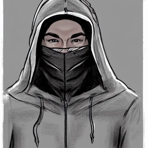 Image similar to a highly detailed headshot portrait of a man wearing a balaclava with a hoodie, concept art