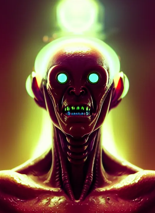 Image similar to portrait of a space alien, varying detailed skin, octane render, piercing glowing eyes, realistic render, detailed, ugly, slimy unreal engine, symmetrical!!, greg rutkowski and ruan jia, cinematic