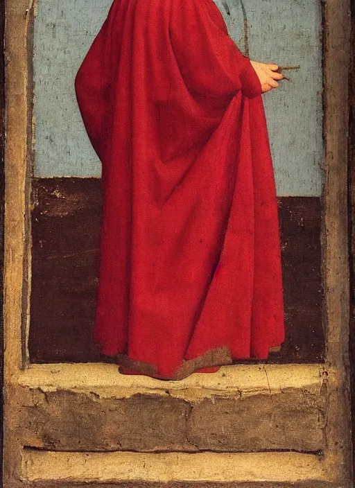 Image similar to Profile of Fallen Angel dressed in red, Medieval painting by Jan van Eyck, Johannes Vermeer, Florence