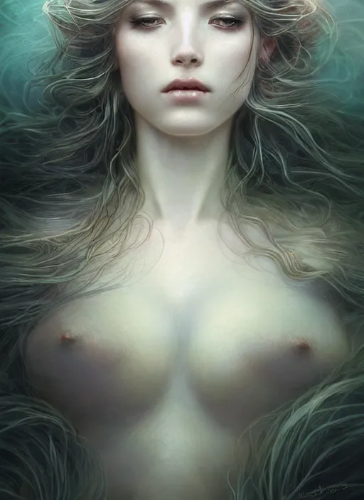 Prompt: beautiful goddess portrait of a seductive twilight princess dreaming in underwater murky light, wind blown hair! dark fantasy esoteric, closeup, d & d, fantasy, intricate, elegant, highly detailed, digital painting, artstation, concept art, matte, sharp focus, illustration, art by artgerm and tom bagshaw and greg rutkowski and alphonse mucha