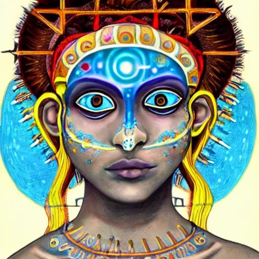 Prompt: three eyed goddess, third eye in middle of forehead, long necks, wide shot, hairy bodies, feet in water, beautiful colors, eye in forehead, pins, beautiful lighting, very detailed, eyes reflecting into eyes reflecting into infinity