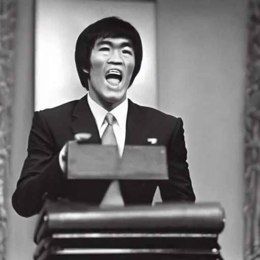 Prompt: bruce lee is president of the united states, wearing a suit, giving a speech, bruce lee, state of the union